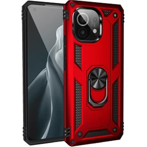 Xiaomi Mi 11 Lite Kılıf Vega Tank Standlı Yüzüklü Mıknatıslı+Nano Glass Kırmızı