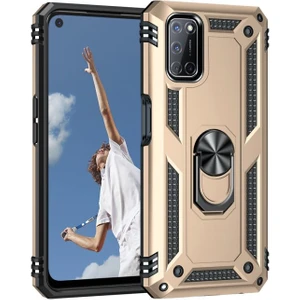 Case Street Oppo A52 Kılıf Vega Tank Standlı Yüzüklü Mıknatıslı+Nano Glass Gold