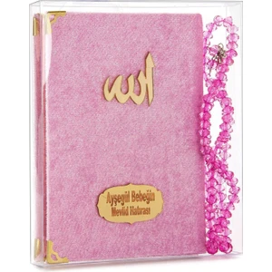 İhvan Online 10 Adet Kadife Kaplı Yasin Kitabı - Çanta Boy - Isim Baskılı Plaka - Tesbihli - Şeffaf Kutulu - Pembe - Hediyelik Yasin Seti