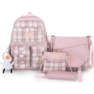 Pembe Ekose Desen Çanta Seti (Yurt Dışından)