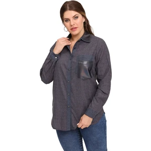 Fierte Kadın Büyük Beden Gömlek LM43220 Yakalı Düğme Kapama Uzun Kol Deri Cep Detay Spor Lacivert Yeşil