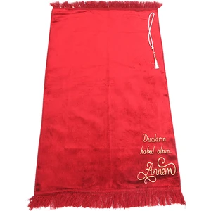 İhvan Online Kişiye Özel Isim Işlemeli Lüks Düz Desensiz Kadife Velür Seccade Kırmızı