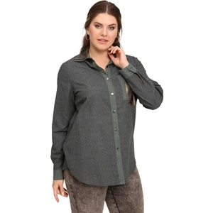 Fierte Kadın Büyük Beden Gömlek LM43220 Yakalı Düğme Kapama Uzun Kol Deri Cep Detay Spor Lacivert Yeşil