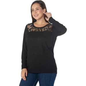 Fierte Kadın Büyük Beden Bluz RG6904 Yuvarlak Yaka Dantel Detay Triko Uzun Kol Siyah