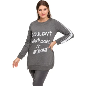 Fierte Kadın Büyük Beden Bluz LM43030 Yuvarlak Yaka Uzun Kol Sweatshirt Yan Fermuarlı Yırtmaç Detay Antrasit Siyah