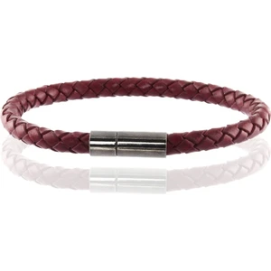 Erkek  Örgü Deri Bileklik Bordo Renk