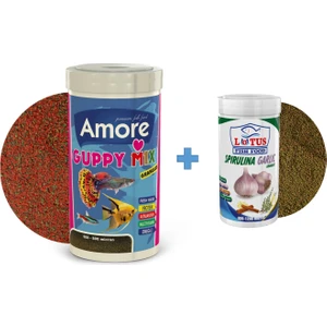 Guppy Mix Granules 1000ML + Lotus Spirulina Garlic 250ML Kutu Tropikal Balık Yemi