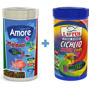 Malawi Mix Chips 1000ML + Lotus Cichlid Colour Chips 1000ML Kutu Renklendirme Balık Yemi
