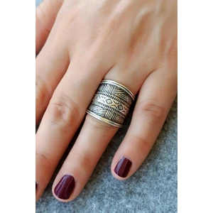 Fildişi Aksesuar Antik Gümüş Kaplama Dairesel Motif Şekilli El Yapımı Ayarlanabilir Yüzük