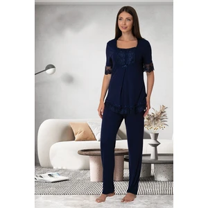 Effortt Lacivert Dantelli Lohusa Pijama Takımı