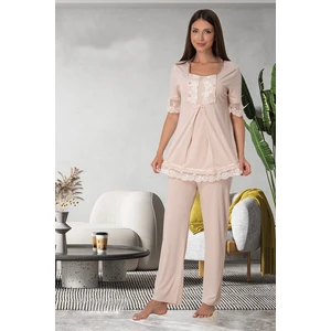Effortt Kahverengi Dantelli Lohusa Pijama Takımı