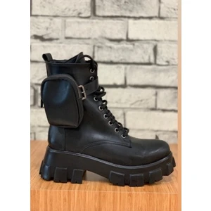 Kadın Siyah Cepli Postal Bot Prada Model Kalın Taban Fermuarlı Bağcıklı Kışlık Casual