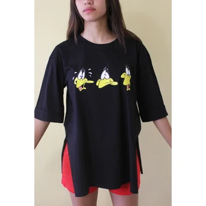 giyadda Kadın Siyah Duffy Duck Baskılı Bol Kalıp T-shirt
