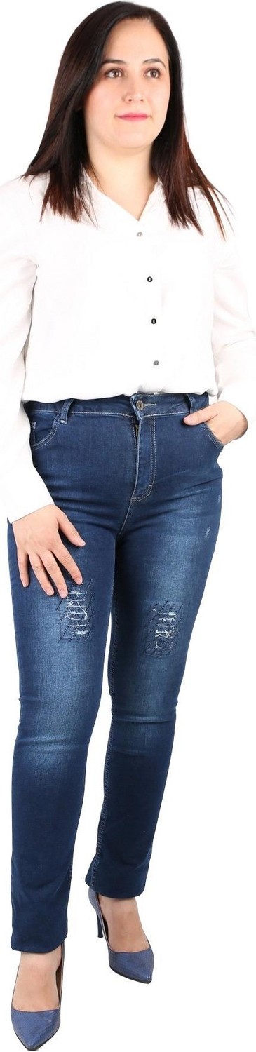 Günay Fierte Kadın Büyük Beden Pantolon RG1450 Jean Yüksek Bel Dar Paça Yırtık Fermuar Kapama Düğmeli Spor Cep Kot Pamuk Lacivert Füme Siyah