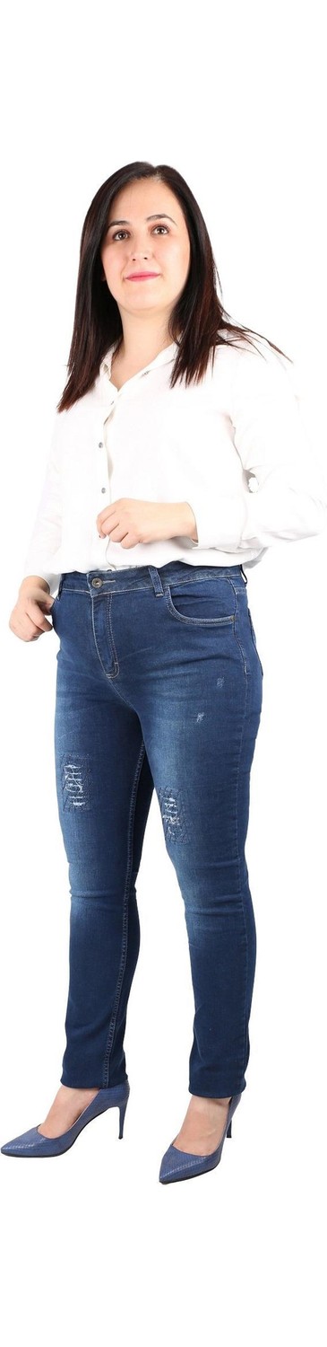 Günay Fierte Kadın Büyük Beden Pantolon RG1450 Jean Yüksek Bel Dar Paça Yırtık Fermuar Kapama Düğmeli Spor Cep Kot Pamuk Lacivert Füme Siyah görsel 2