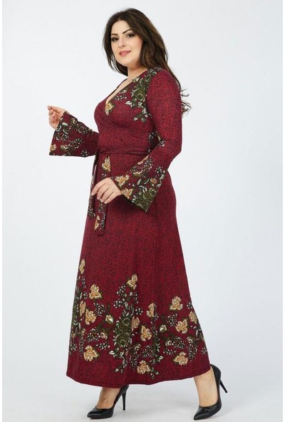 1fazlası Kadın Büyük Beden Bordo Çiçek Desenli Kruvaze Yaka Volan Kol Elbise