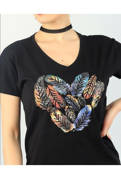 Gatto Butik Kadın T-Shirt Kuş Tüyü Desenli