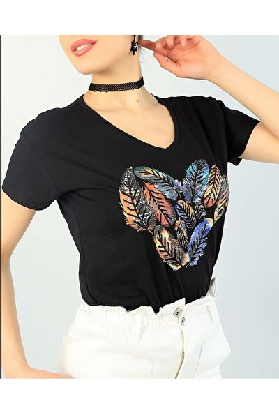 Gatto Butik Kadın T-Shirt Kuş Tüyü Desenli