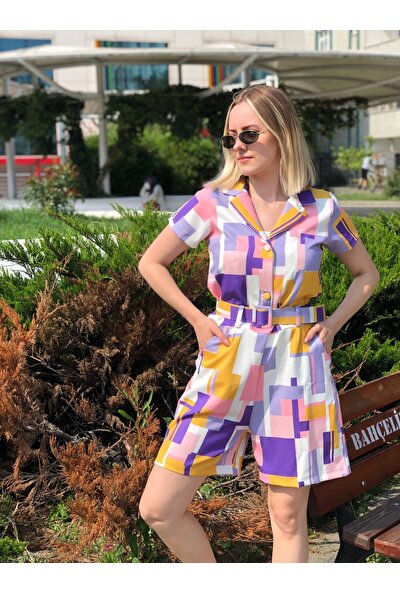 Beyusira Bayan Alt Üst Takım Renkli Geometrik Etnik Desenli Şortlu Bayan Elbise Tulum