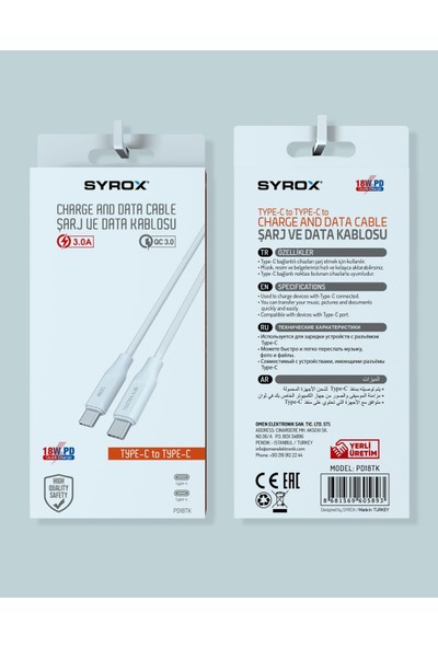 Syrox PD18TK 3.0A 18W Pd Type-C To Type-C Kablo