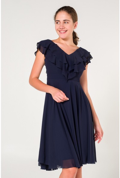 SpringStore Lacivert Yakası Volanlı Şifon Abiye Elbise