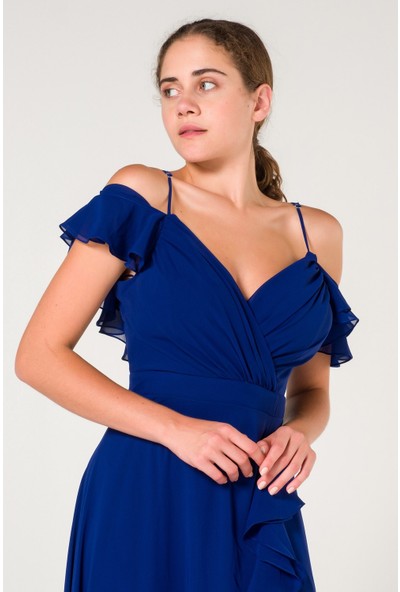 SpringStore Saks Ip Askılı Fırfırlı Şifon Abiye Elbise