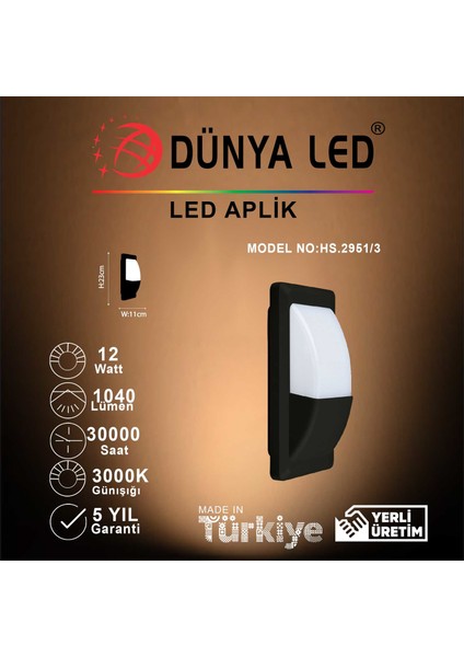 Dünya Led HS.2951/3 12W Dış Mekan Bahçe Aydınlatma 3000K Günışığı