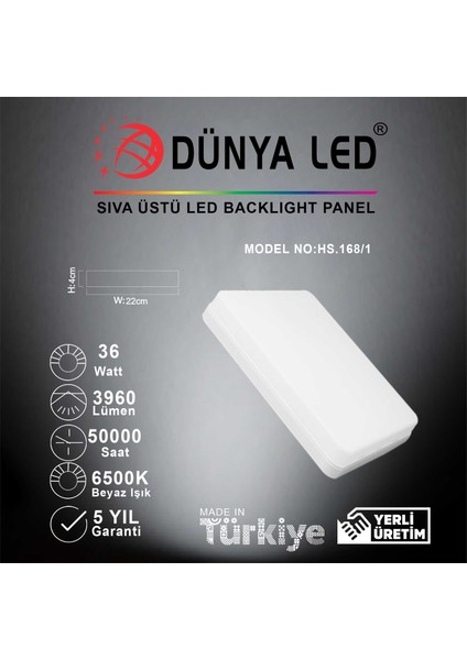 HS.168/1 36W Sıva Üstü LED Backlight 6500K Beyaz Işık Kare