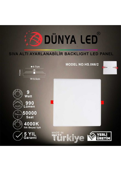 Dünya Led HS.066/2 9W Sıva Altı LED Panel 4000K  Ilık Beyaz Işık Kare