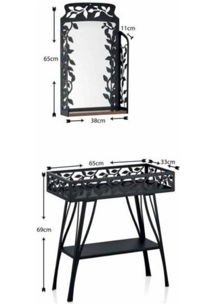 Şık Dekorasyon Ferforje Çiçeklik ve Ayna Takımı Metal Çiçeklik