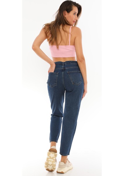 Yüksek Bel Mom Jeans Kar Yıkama Kot Pantolon