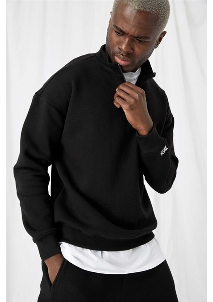 Erkek Siyah Fermuarlı Oversize Sweatshirt