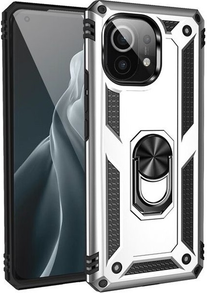 Xiaomi Mi 11 Lite Kılıf Vega Tank Standlı Yüzüklü Mıknatıslı+Nano Glass Gümüş