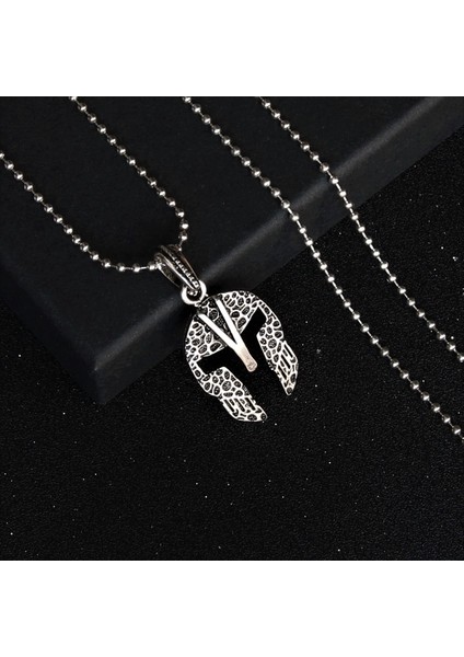 Gladyatör Savaşçı Miğferi Tasarımlı Metalik Gri Erkek Çelik Kolye