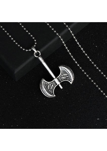 Çift Taraflı Desenli Balta Iskandinav Tasarım Metalik Gri Erkek Çelik Kolye