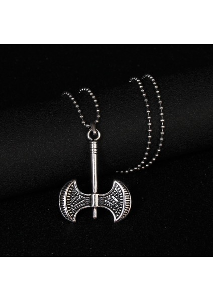 Çift Taraflı Desenli Balta Iskandinav Tasarım Metalik Gri Erkek Çelik Kolye fiyatları