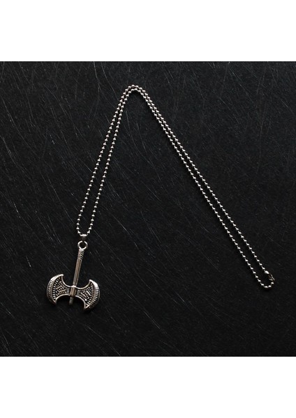 Çift Taraflı Desenli Balta Iskandinav Tasarım Metalik Gri Erkek Çelik Kolye modelleri