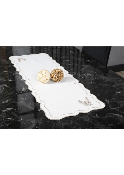 Caka Home Runner Yaprak Nakışlı Keten Efektli