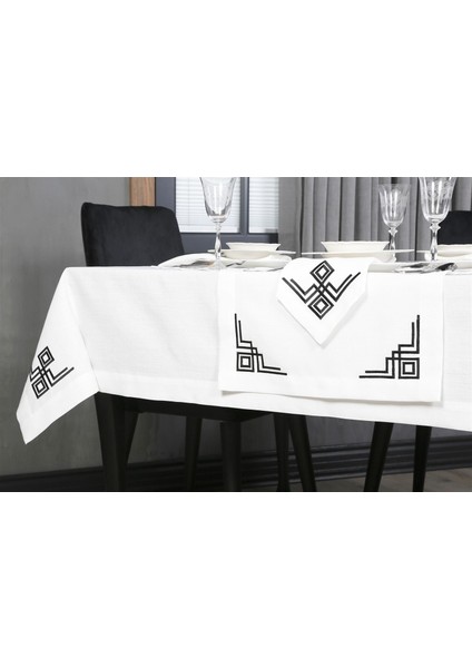 Caka Home Masa Örtüsü Geometrik Çift Kare Nakışlı Keten Efektli