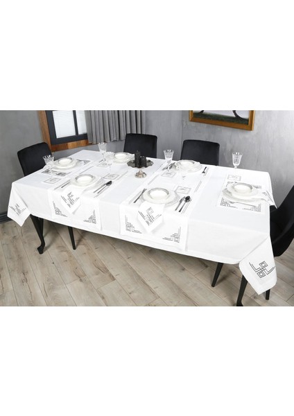 Caka Home 16 Parça Masa Seti Geometrik Çift Kare Nakışlı Keten Efektli