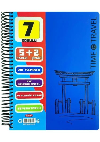 A4 Spiralli Pp Kapak 7 Bölmeli Ayraçlı Defter 210 Yaprak 70 Gram