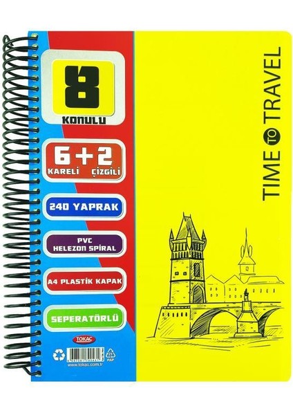 A4 Spiralli Pp Kapak Ayraçlı 8 Bölmeli Defter 240 Yaprak 70 Gram