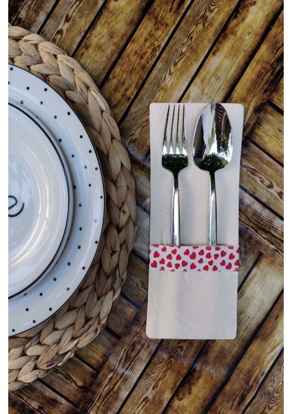 6 Adet Kalp Şeritli Keten Kaşıklık Servis Sunum