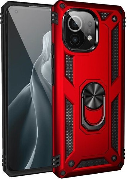 Xiaomi Mi 11 Lite Kılıf Vega Tank Standlı Yüzüklü Mıknatıslı+Nano Glass Kırmızı