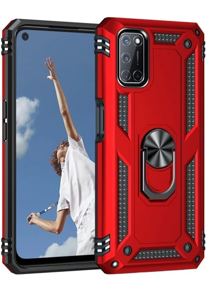 Case Street Oppo A92 Kılıf Vega Tank Standlı Yüzüklü Mıknatıslı+Nano Glass Kırmızı