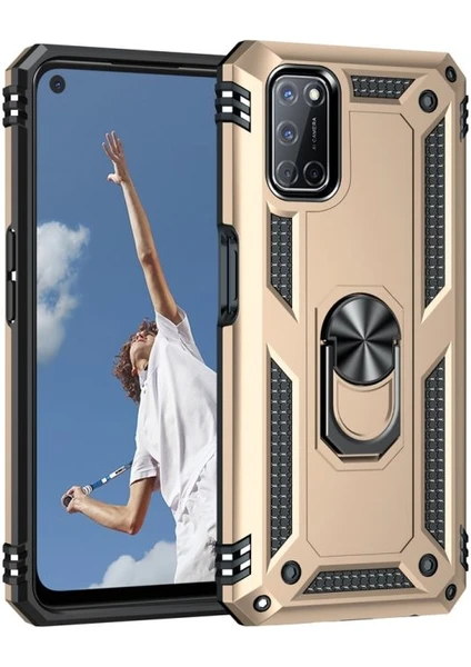 Case Street Oppo A92 Kılıf Vega Tank Standlı Yüzüklü Mıknatıslı+Nano Glass Gold