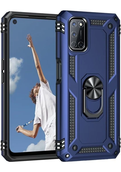 Case Street Oppo A92 Kılıf Vega Tank Standlı Yüzüklü Mıknatıslı+Nano Glass Lacivert