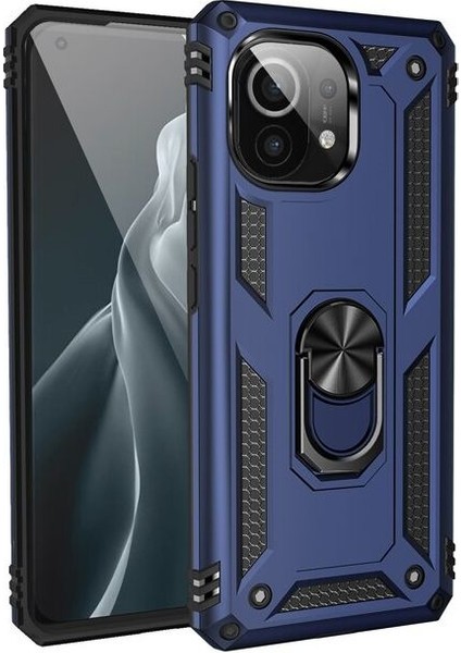Xiaomi Mi 11 Lite Kılıf Vega Tank Standlı Yüzüklü Mıknatıslı+Nano Glass Lacivert