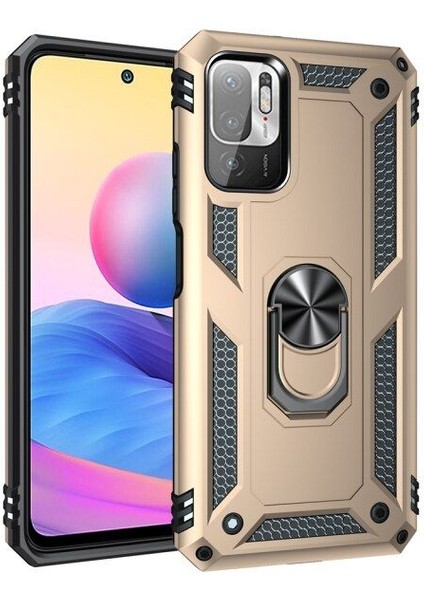 Xiaomi Poco M3 Pro 5g Kılıf Vega Tank Standlı Yüzüklü Mıknatıslı+Nano Glass Gold