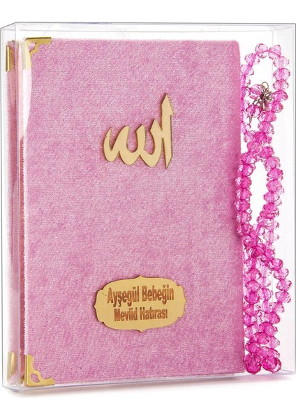 10 Adet Kadife Kaplı Yasin Kitabı - Çanta Boy - Isim Baskılı Plaka - Tesbihli - Şeffaf Kutulu - Pembe - Hediyelik Yasin Seti